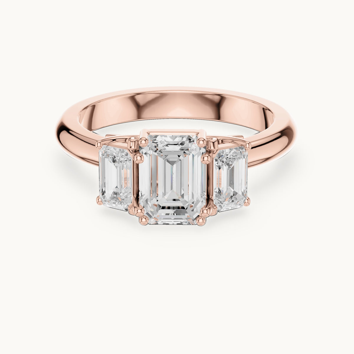 Emerald-cut lab-grown diamond three-stone engagement ring with emerald-cut side stones in rose gold, 1.43 CT TW, view 4