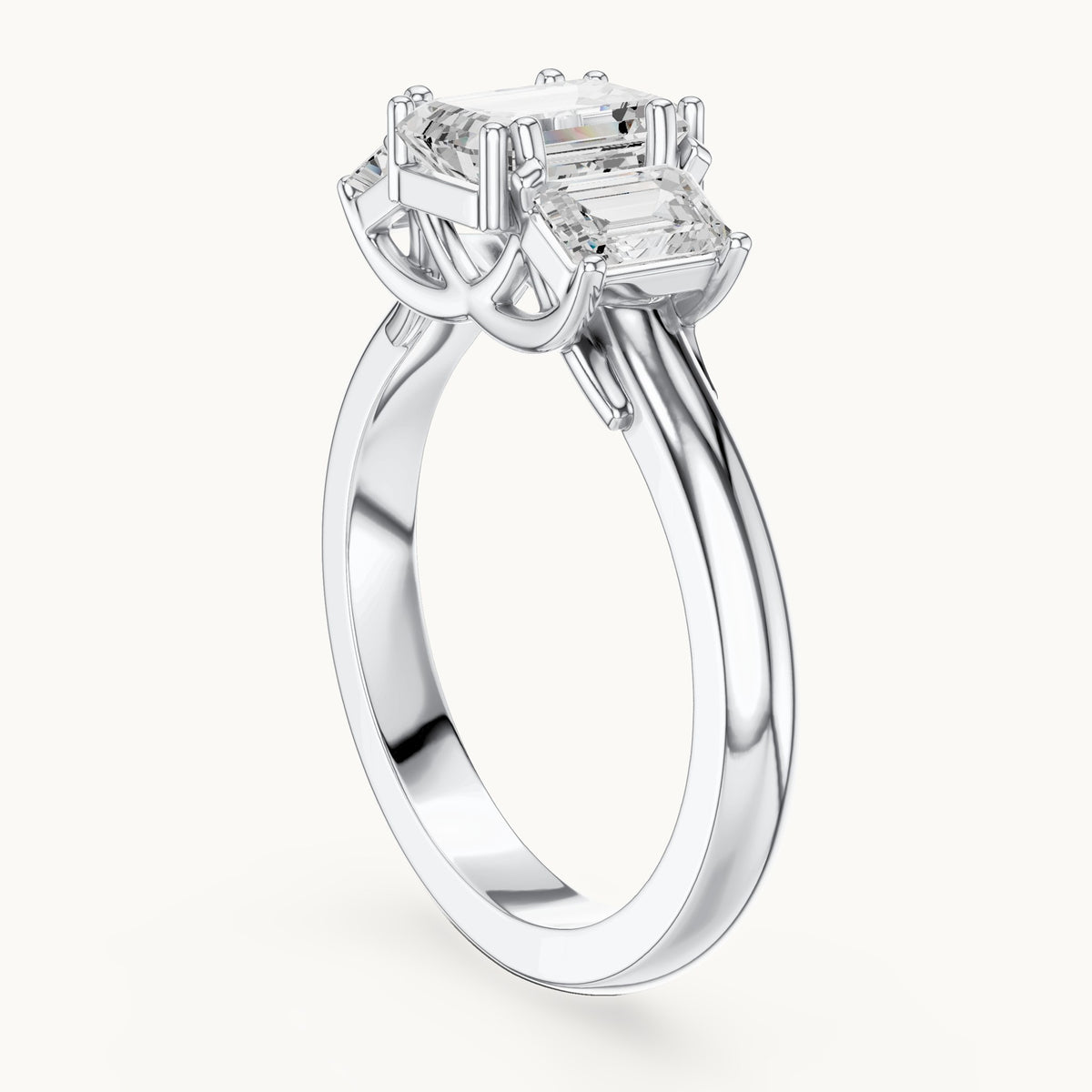 Emerald-cut lab-grown diamond three-stone engagement ring with emerald-cut side stones in white gold, 1.43 CT TW, view 1