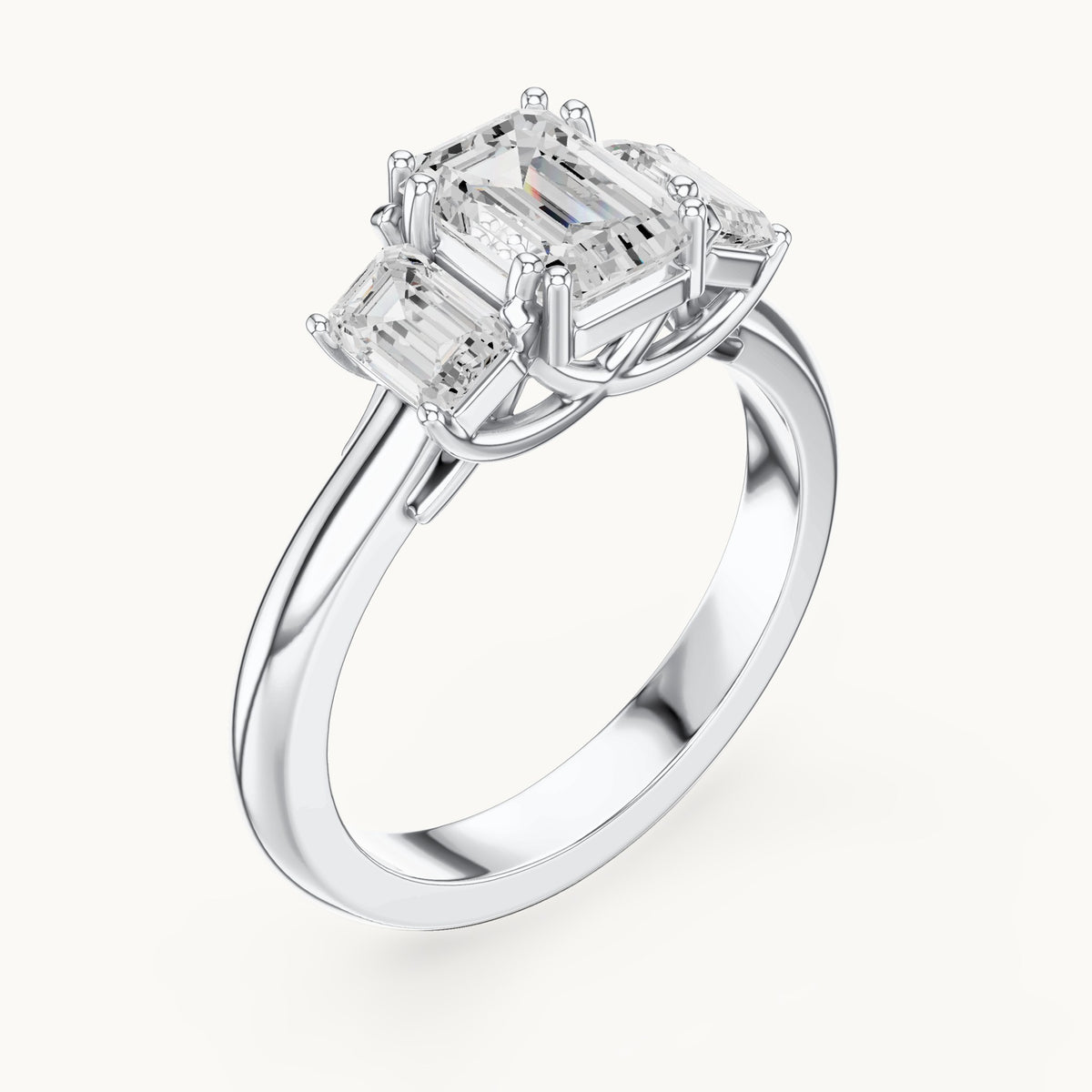 Emerald-cut lab-grown diamond three-stone engagement ring with emerald-cut side stones in white gold, 1.43 CT TW, view 2