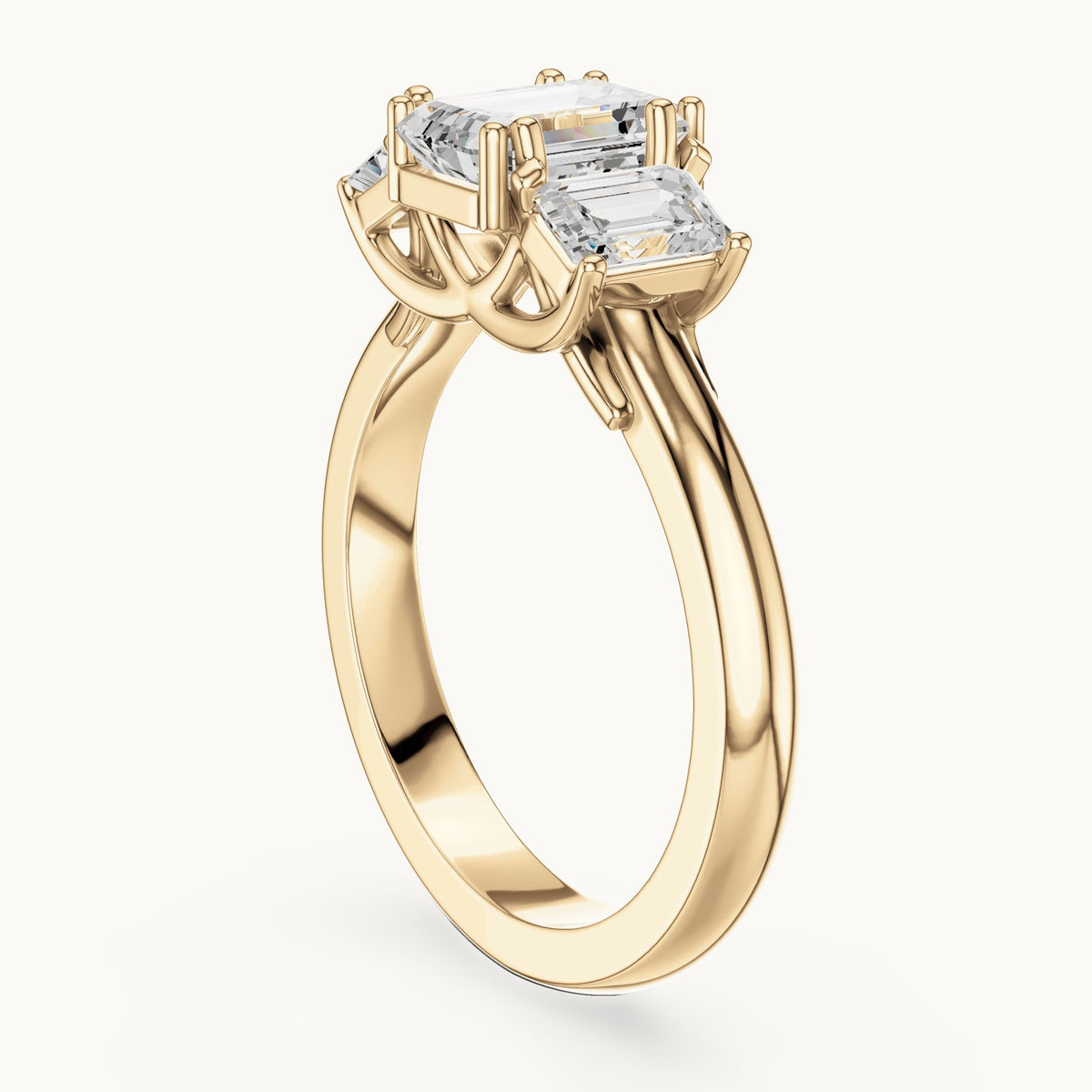 Emerald-cut lab-grown diamond three-stone engagement ring with emerald-cut side stones in yellow gold, 1.43 CT TW, view 1