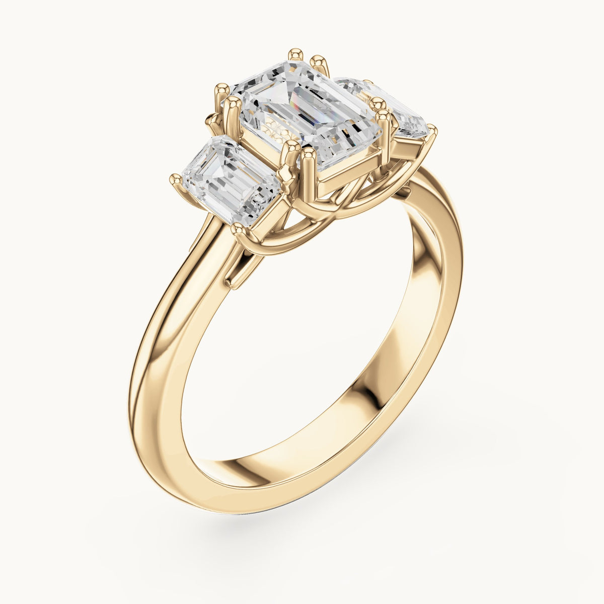 Emerald-cut lab-grown diamond three-stone engagement ring with emerald-cut side stones in yellow gold, 1.43 CT TW, view 2
