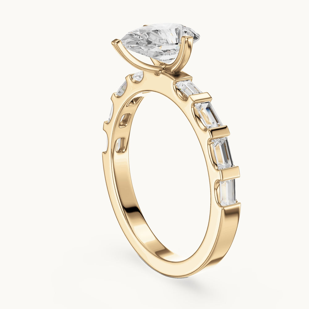 Pear and baguette lab-grown diamond engagement ring with baguette accents in yellow gold, 1.54 CT TW, view 1
