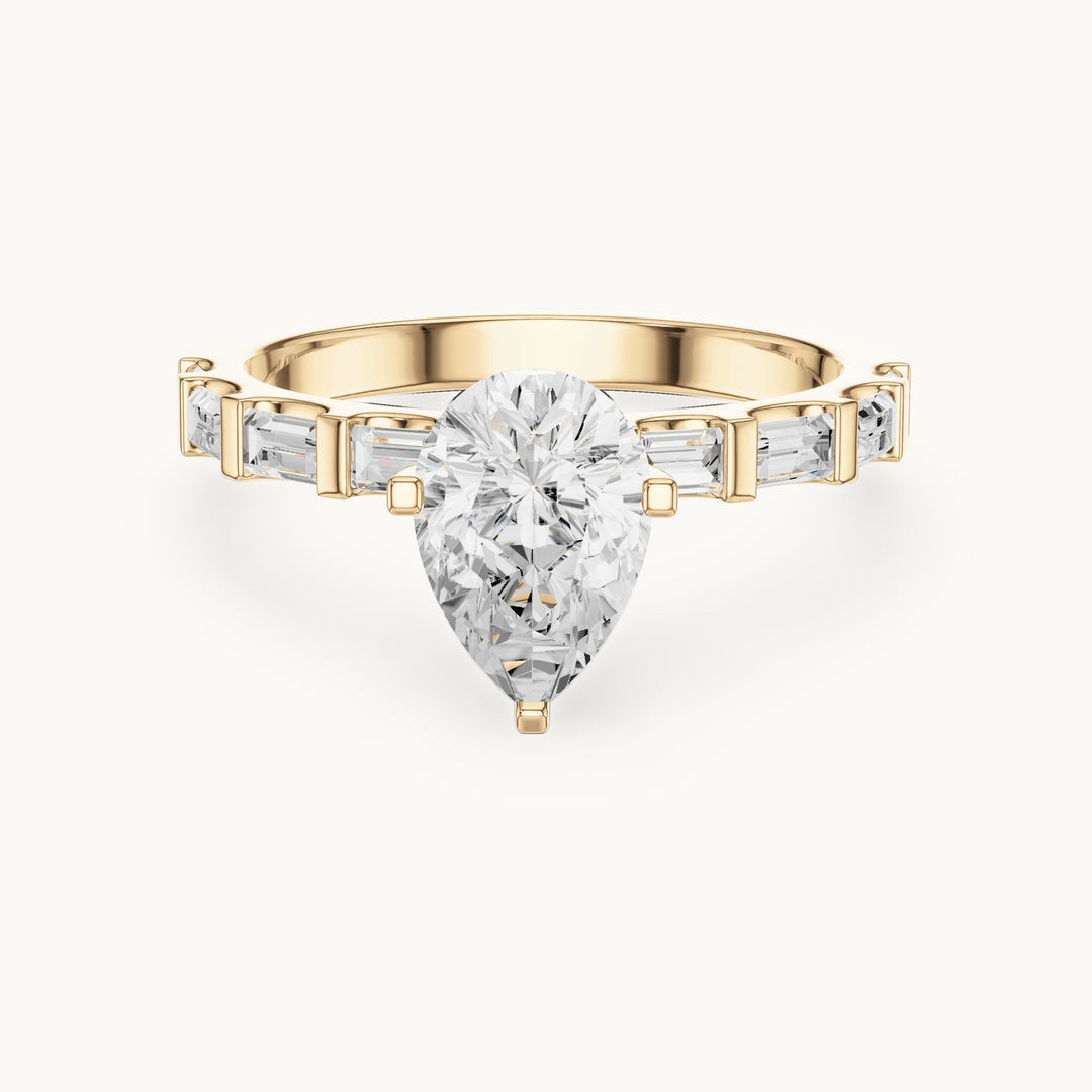 Pear and baguette lab-grown diamond engagement ring with baguette accents in yellow gold, 1.54 CT TW, view 4