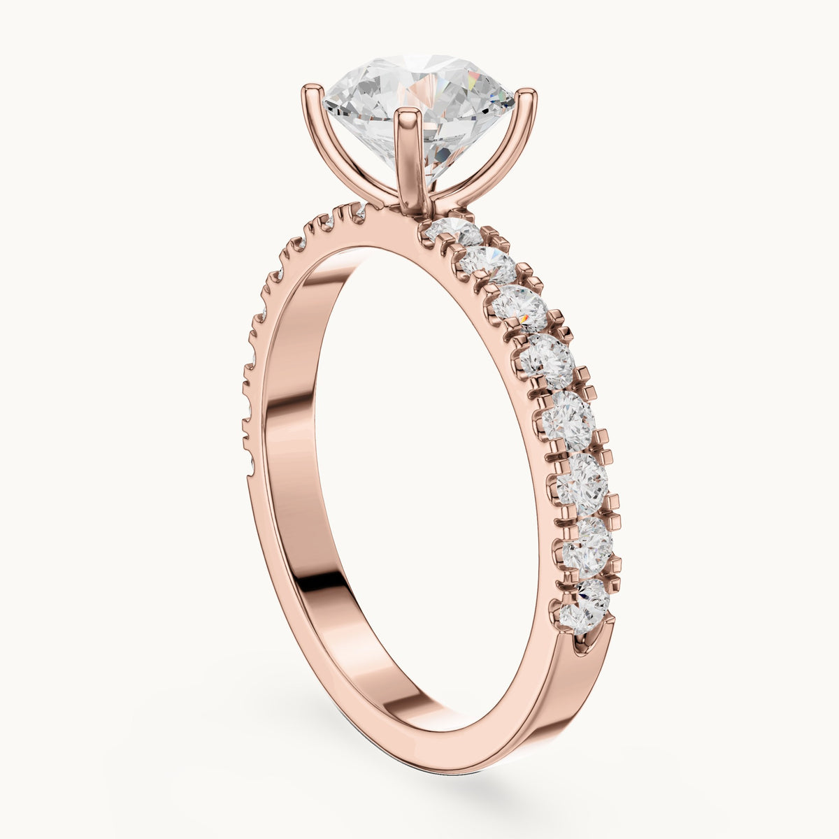 Round lab-grown diamond classic solitaire engagement ring with pavé band in rose gold, 1.43 CT TW, view 1