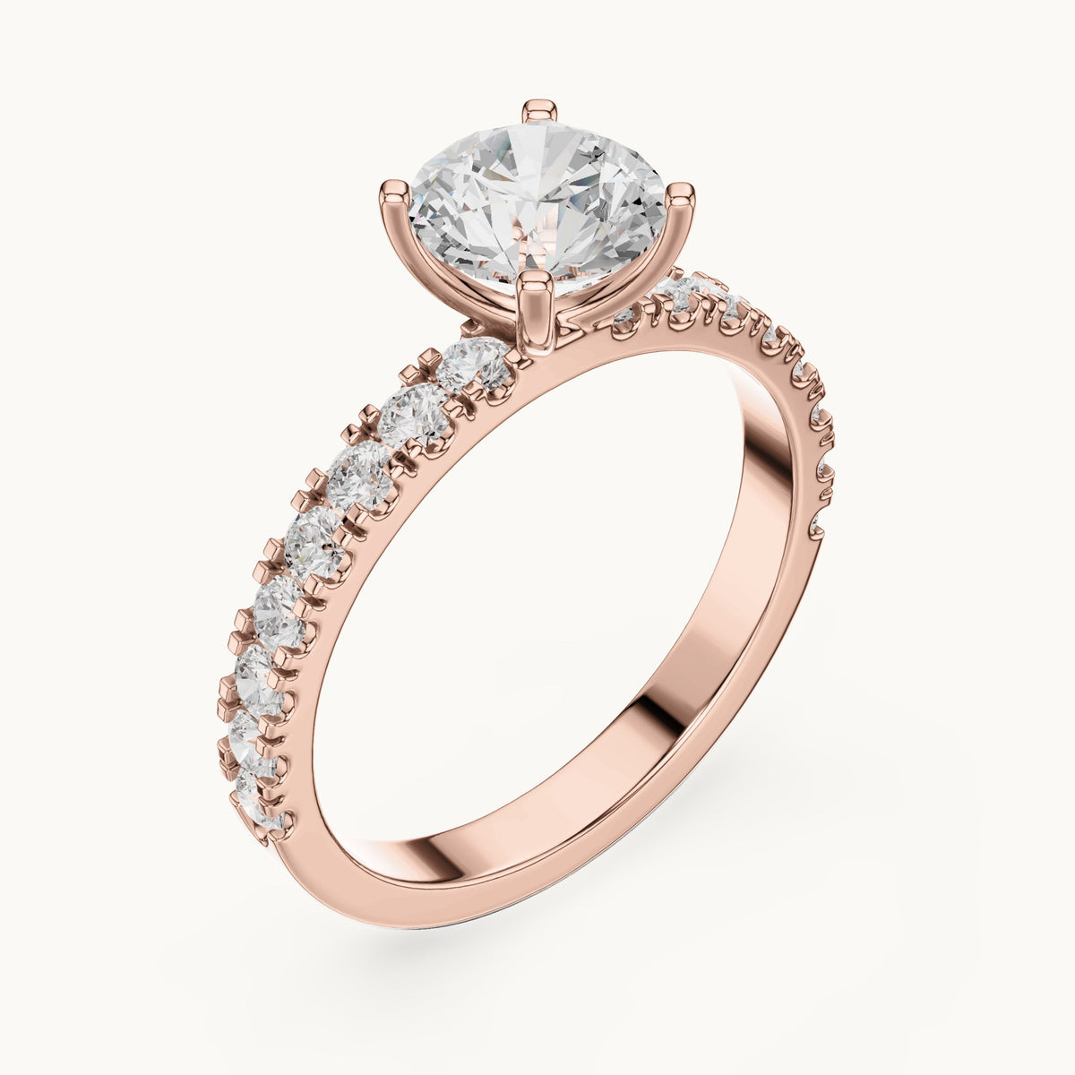 Round lab-grown diamond classic solitaire engagement ring with pavé band in rose gold, 1.43 CT TW, view 2