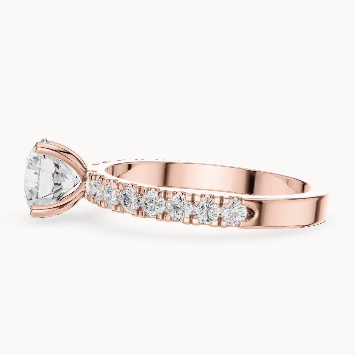 Round lab-grown diamond classic solitaire engagement ring with pavé band in rose gold, 1.43 CT TW, view 3