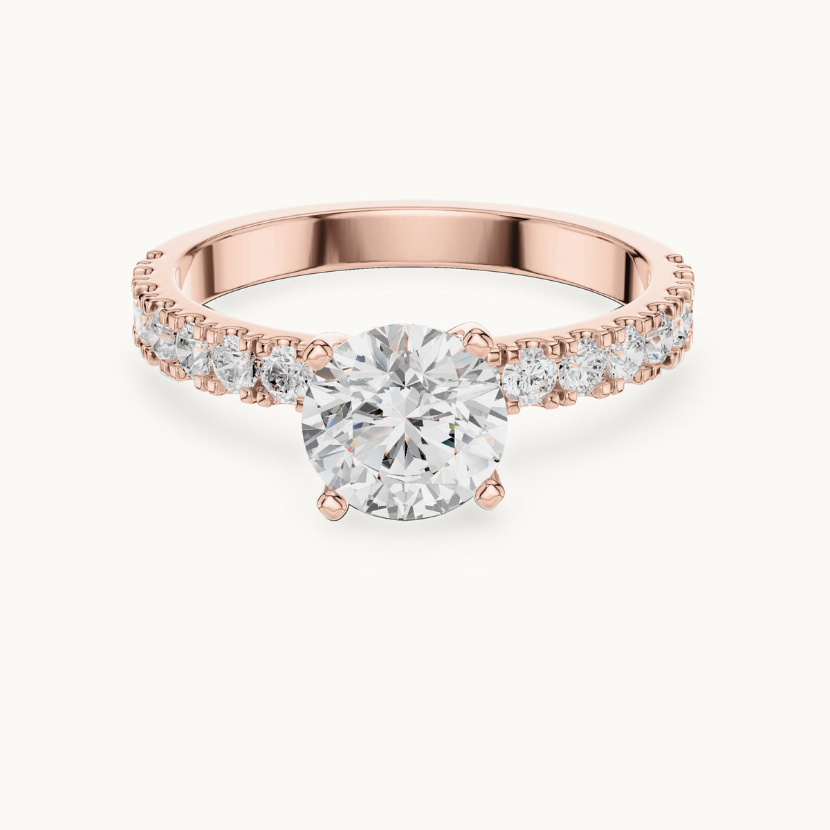 Round lab-grown diamond classic solitaire engagement ring with pavé band in rose gold, 1.43 CT TW, view 4