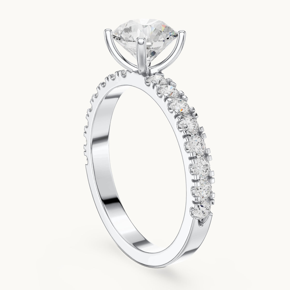 Round lab-grown diamond classic solitaire engagement ring with pavé band in white gold, 1.43 CT TW, view 1