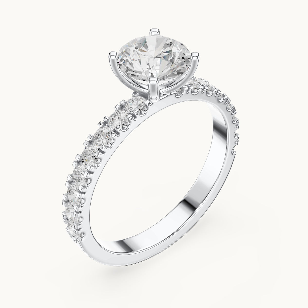 Round lab-grown diamond classic solitaire engagement ring with pavé band in white gold, 1.43 CT TW, view 2