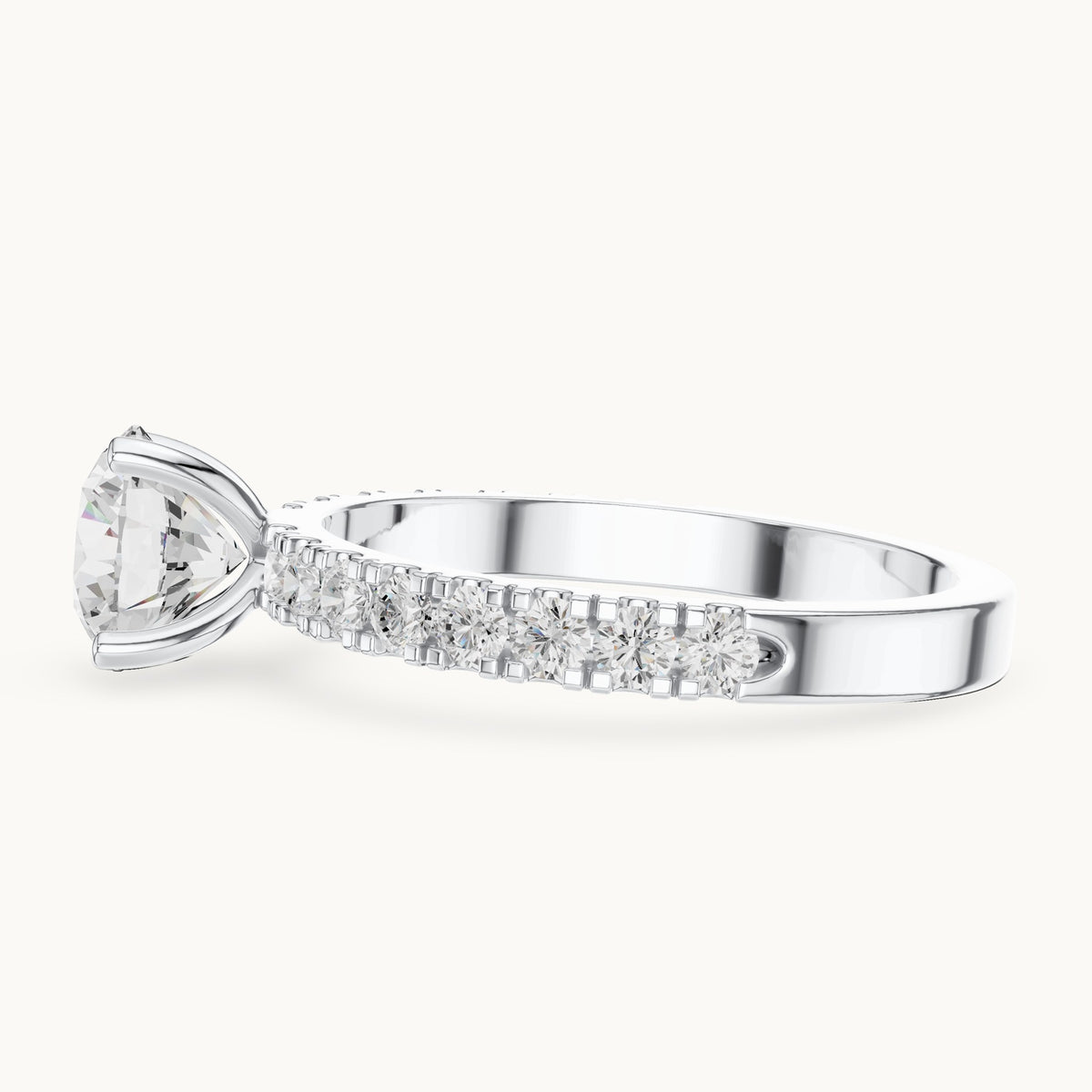 Round lab-grown diamond classic solitaire engagement ring with pavé band in white gold, 1.43 CT TW, view 3