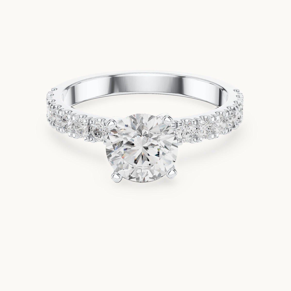Round lab-grown diamond classic solitaire engagement ring with pavé band in white gold, 1.43 CT TW, view 4