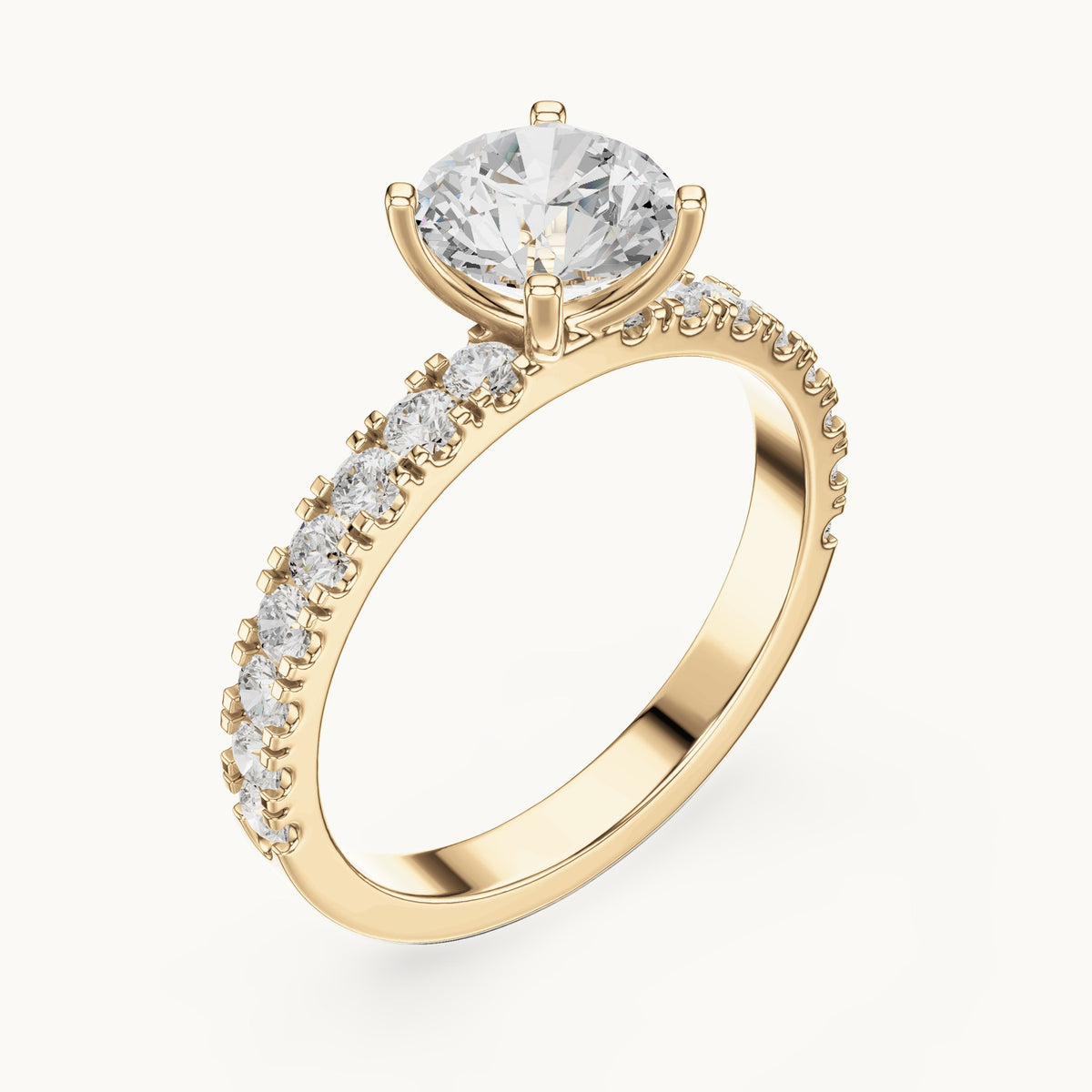 Round lab-grown diamond classic solitaire engagement ring with pavé band in yellow gold, 1.43 CT TW, view 2