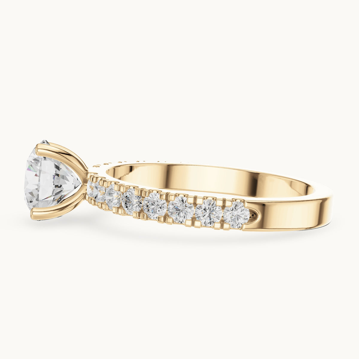 Round lab-grown diamond classic solitaire engagement ring with pavé band in yellow gold, 1.43 CT TW, view 3