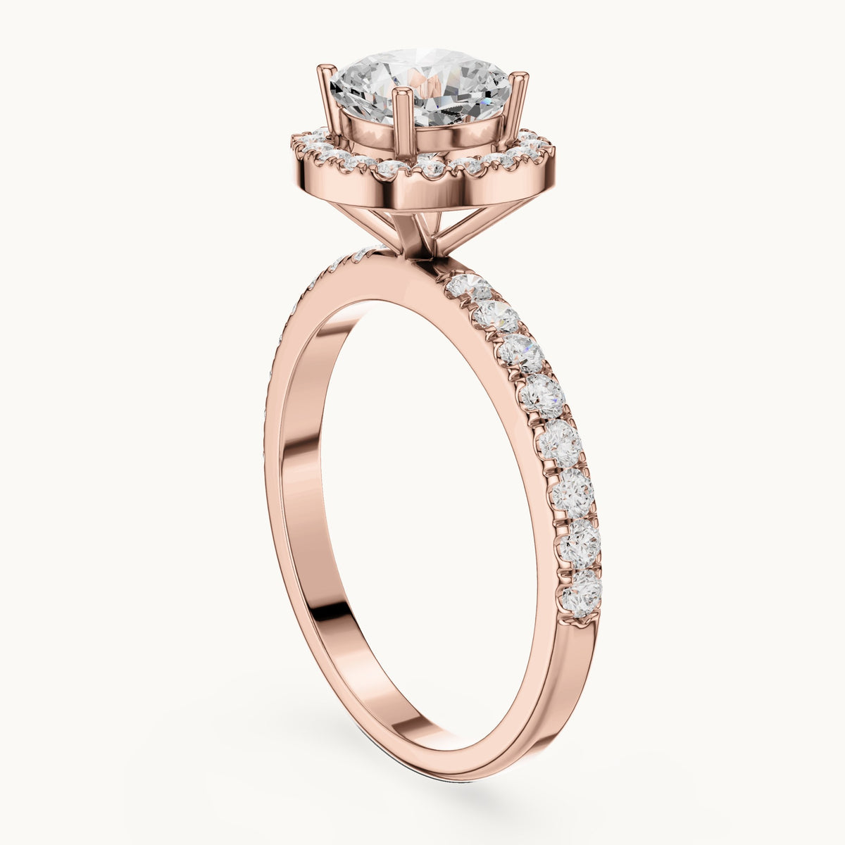 Round lab-grown diamond cushion halo engagement ring in rose gold, 1.232 CT TW, view 1