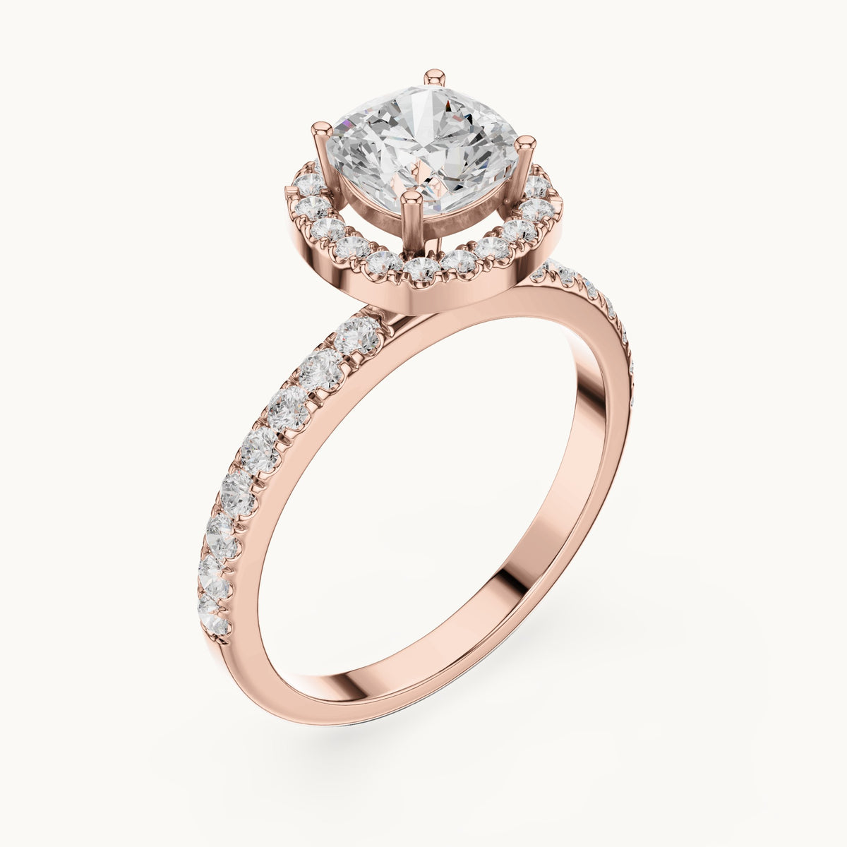 Round lab-grown diamond cushion halo engagement ring in rose gold, 1.232 CT TW, view 2
