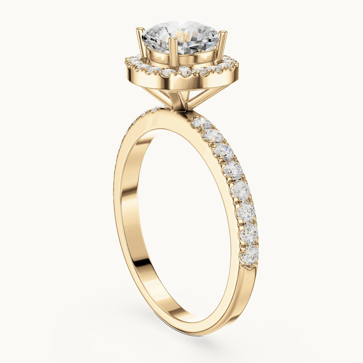 Round lab-grown diamond cushion halo engagement ring in yellow gold, 1.232 CT TW, view 1