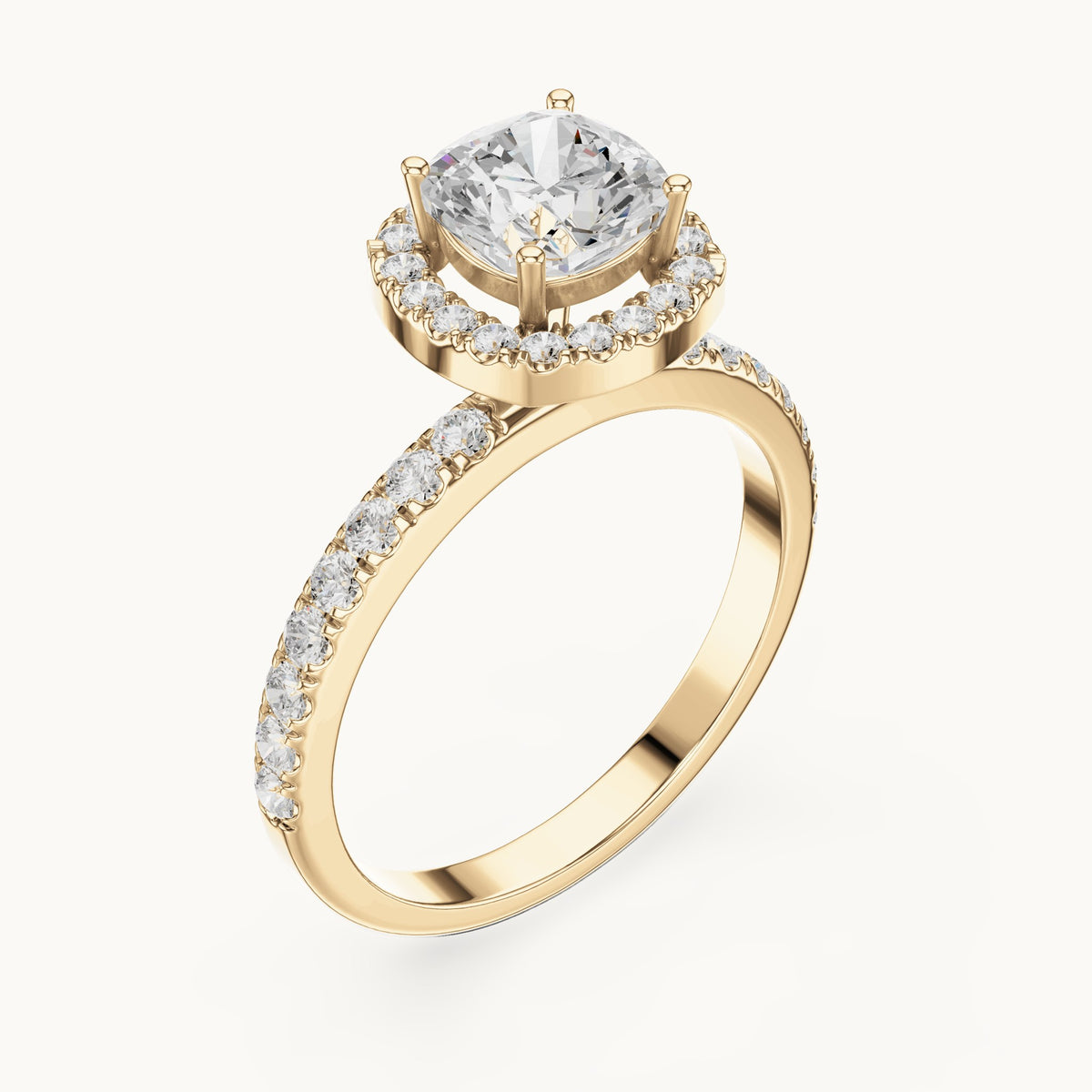 Round lab-grown diamond cushion halo engagement ring in yellow gold, 1.232 CT TW, view 2