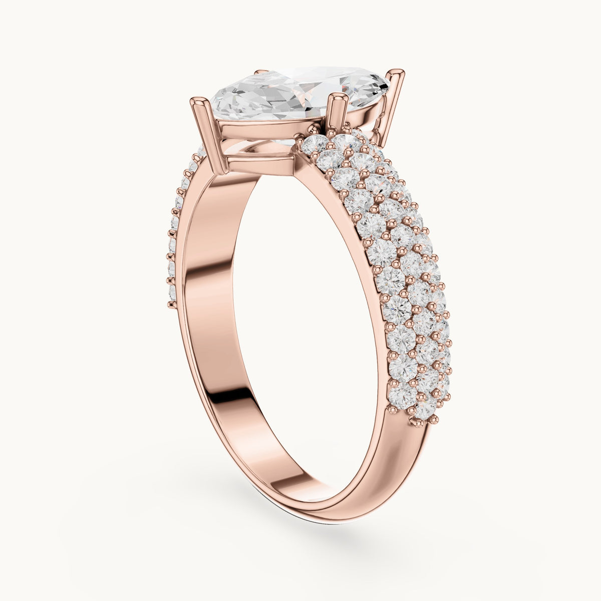 Marquise and round lab-grown diamond wide pavé engagement ring in rose gold, 1.544 CT TW, view 1