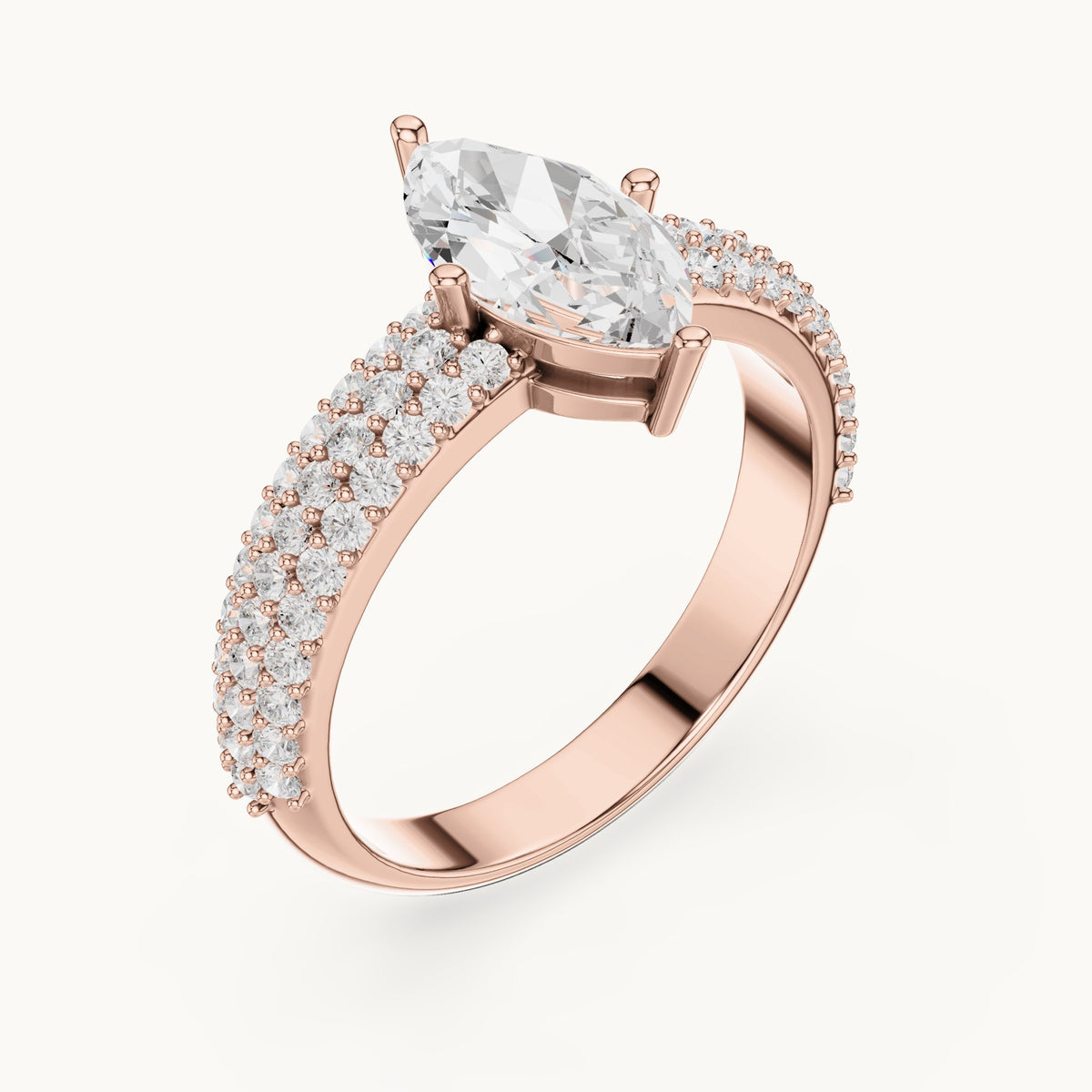 Marquise and round lab-grown diamond wide pavé engagement ring in rose gold, 1.544 CT TW, view 2