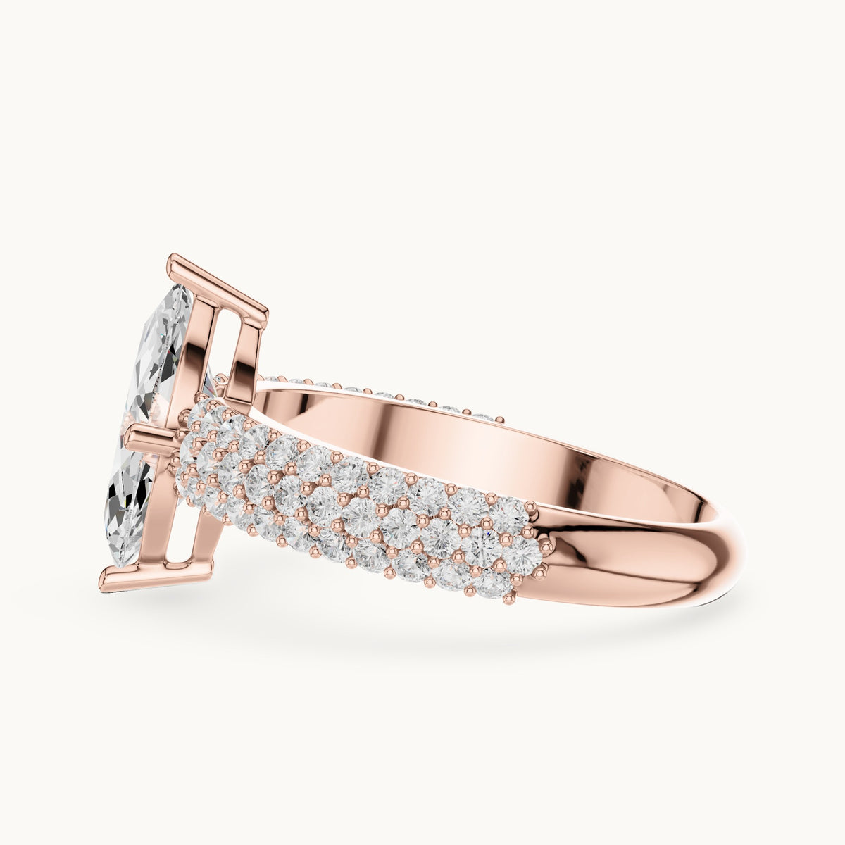 Marquise and round lab-grown diamond wide pavé engagement ring in rose gold, 1.544 CT TW, view 3
