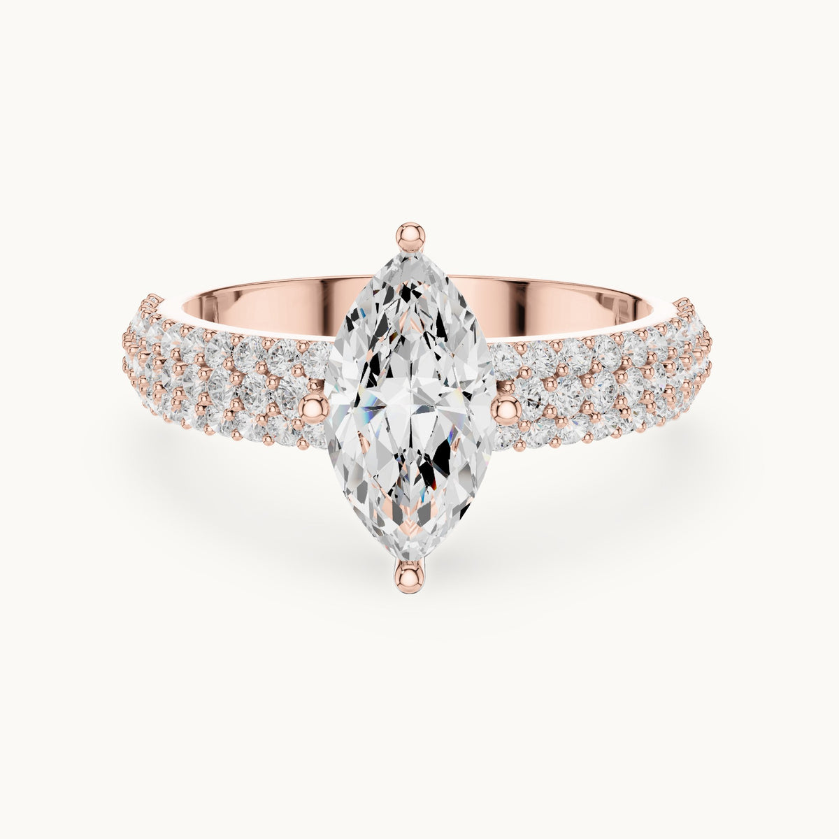 Marquise and round lab-grown diamond wide pavé engagement ring in rose gold, 1.544 CT TW, view 4