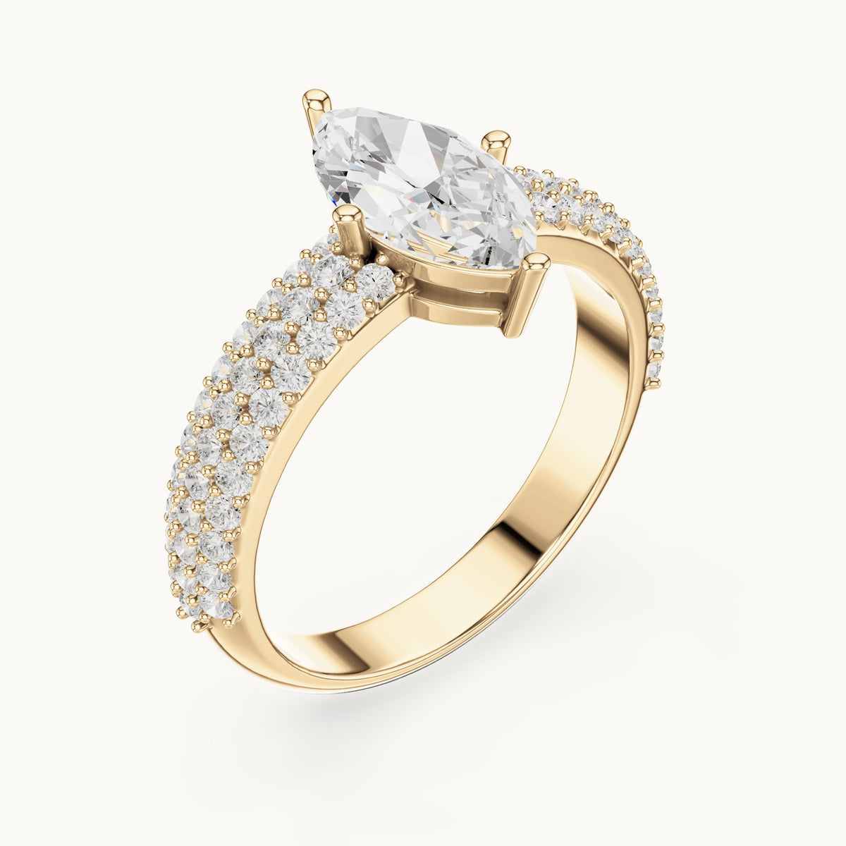 Marquise and round lab-grown diamond wide pavé engagement ring in yellow gold, 1.544 CT TW, view 2