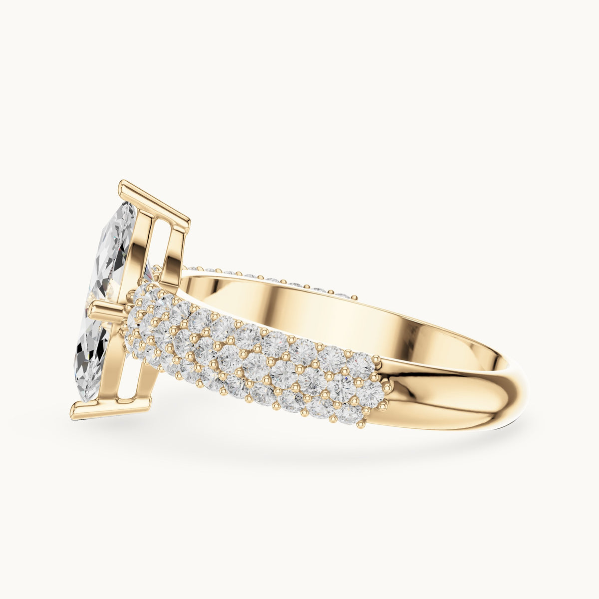 Marquise and round lab-grown diamond wide pavé engagement ring in yellow gold, 1.544 CT TW, view 3