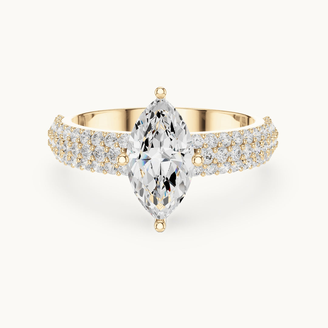 Marquise and round lab-grown diamond wide pavé engagement ring in yellow gold, 1.544 CT TW, view 4