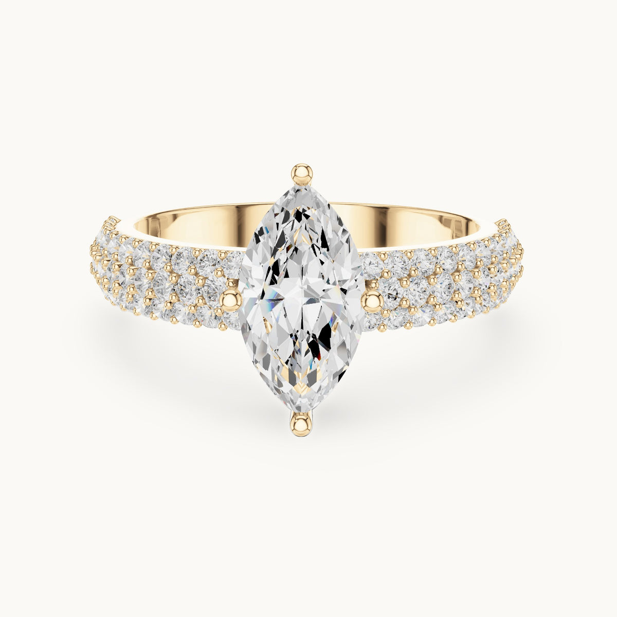 Marquise and round lab-grown diamond wide pavé engagement ring in yellow gold, 1.544 CT TW, view 4