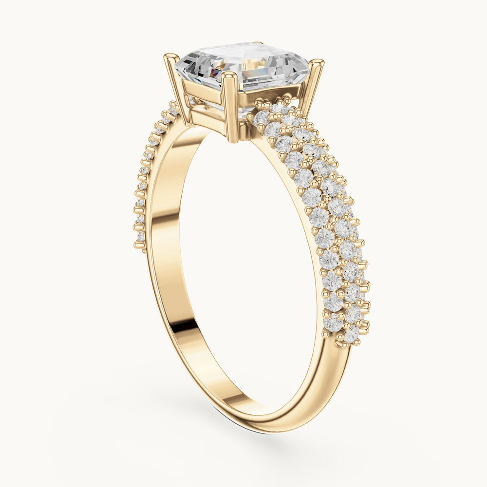 Square emerald-cut and round lab-grown diamond hidden halo wide pavé engagement ring in yellow gold, 1.62 CT TW, view 1