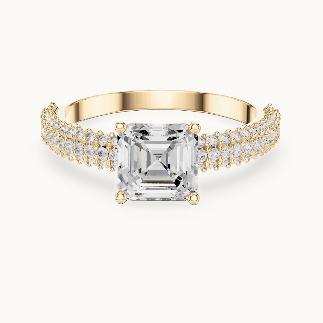 Square emerald-cut and round lab-grown diamond hidden halo wide pavé engagement ring in yellow gold, 1.62 CT TW, view 4