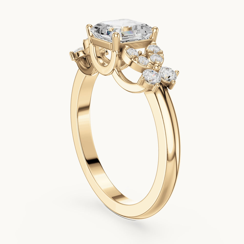 Square emerald-cut and round lab-grown diamond leaf cluster side stone engagement ring in yellow gold, 1.486 CT TW, view 1