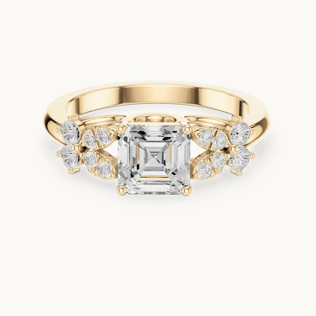 Square emerald-cut and round lab-grown diamond leaf cluster side stone engagement ring in yellow gold, 1.486 CT TW, view 4