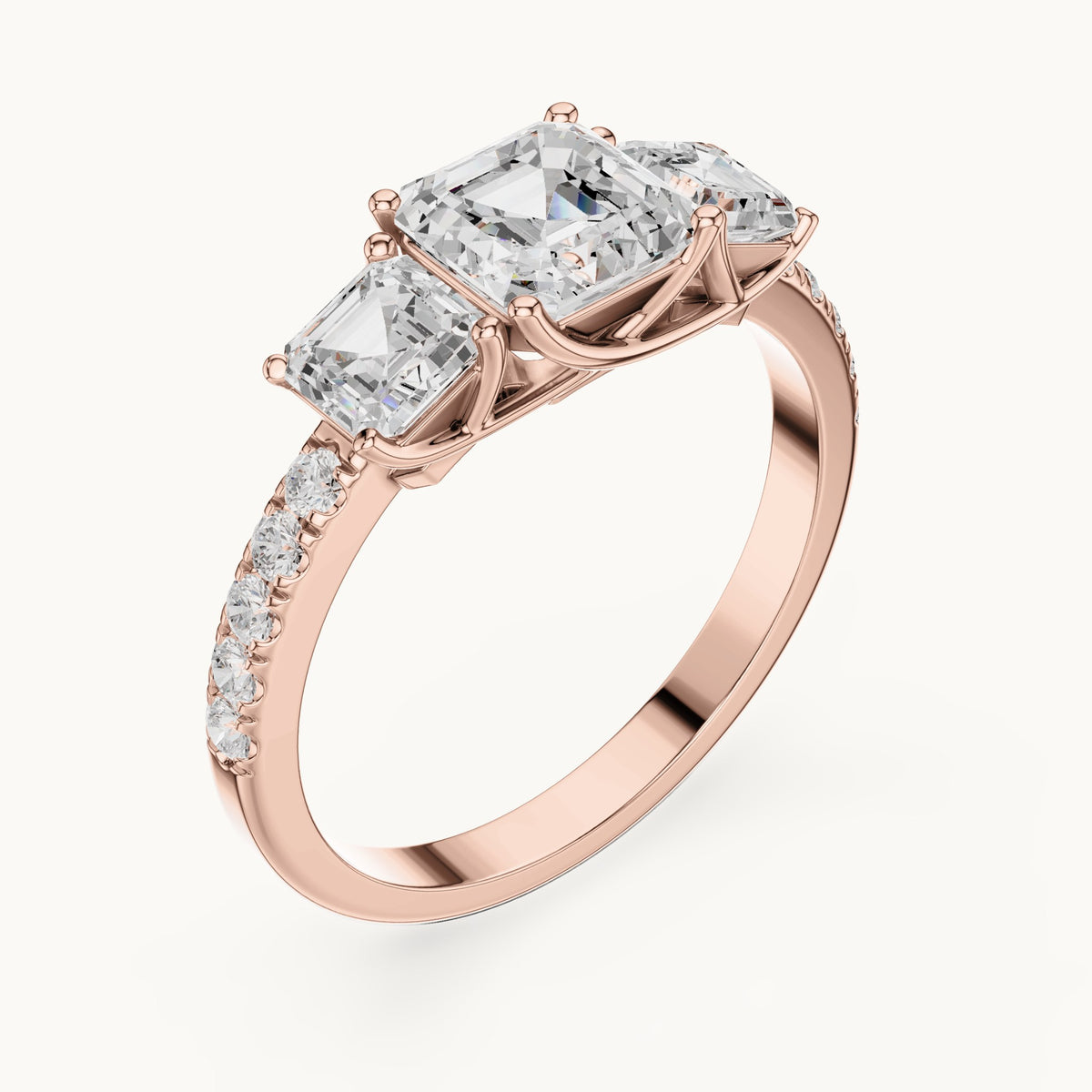 Square emerald-cut and round lab-grown diamond three-stone pavé engagement ring in rose gold, 2.19 CT TW, view 2