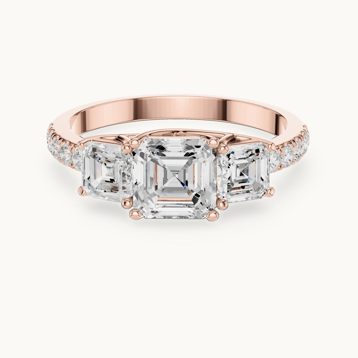 Square emerald-cut and round lab-grown diamond three-stone pavé engagement ring in rose gold, 2.19 CT TW, view 4