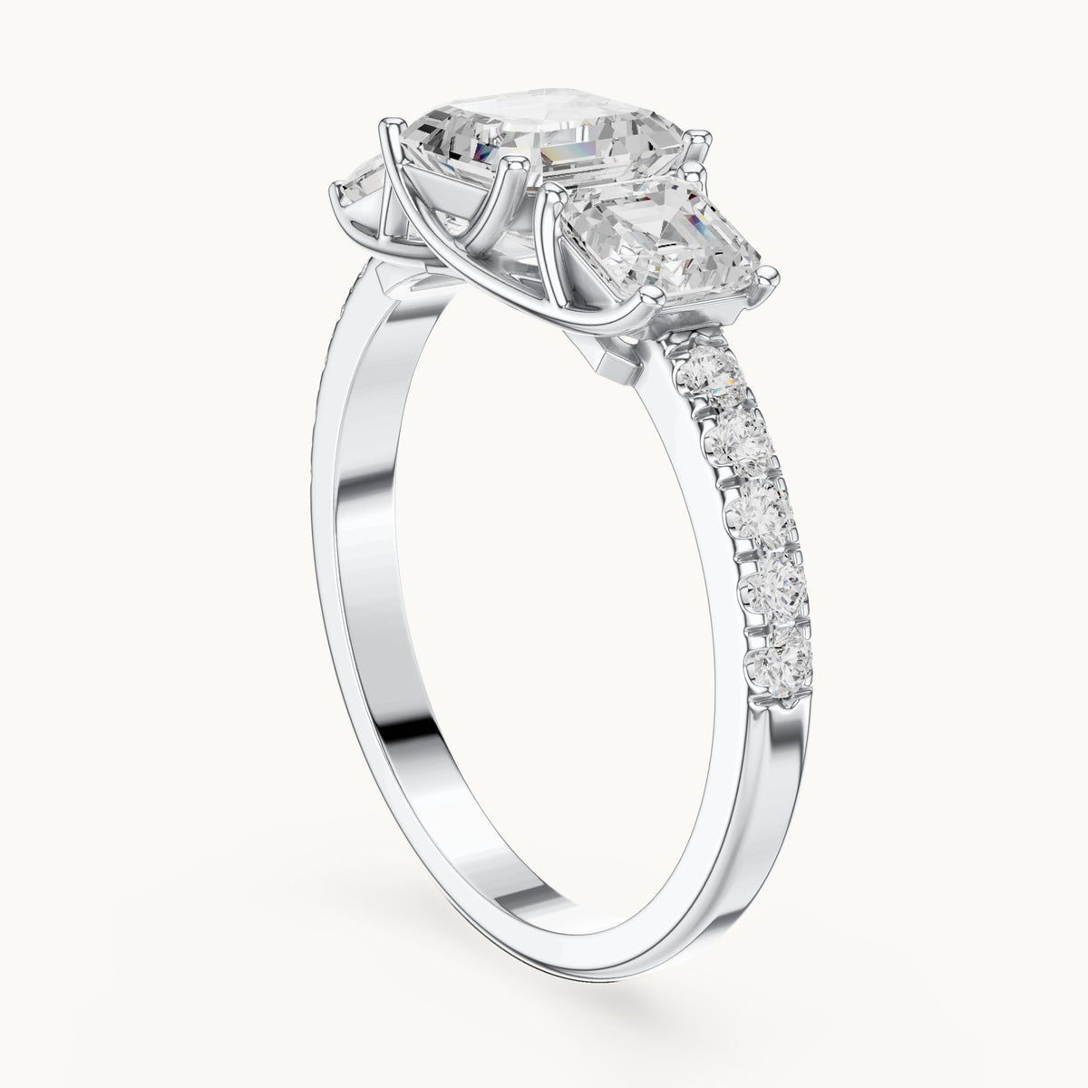 Square emerald-cut and round lab-grown diamond three-stone pavé engagement ring in white gold, 2.19 CT TW, view 1