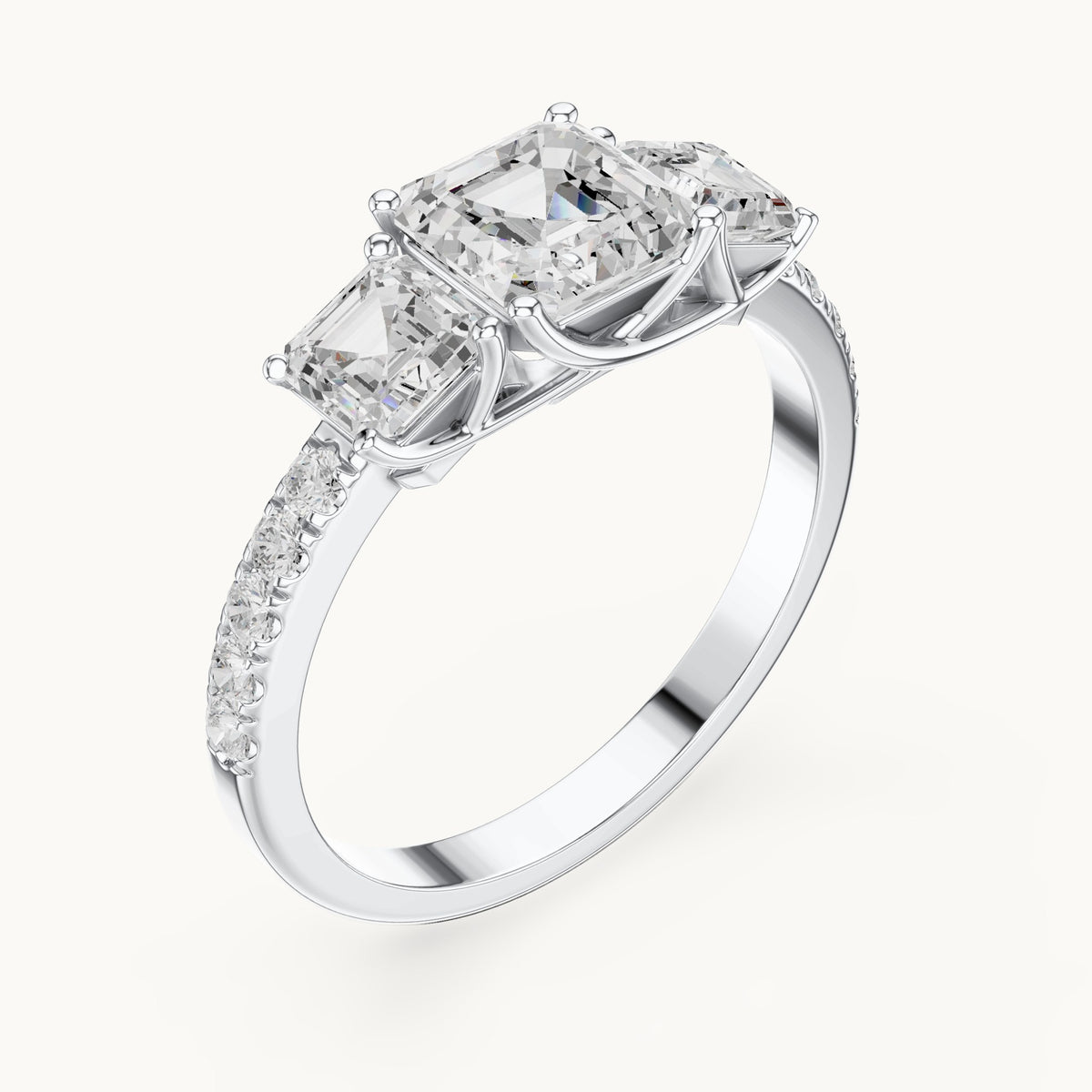 Square emerald-cut and round lab-grown diamond three-stone pavé engagement ring in white gold, 2.19 CT TW, view 2