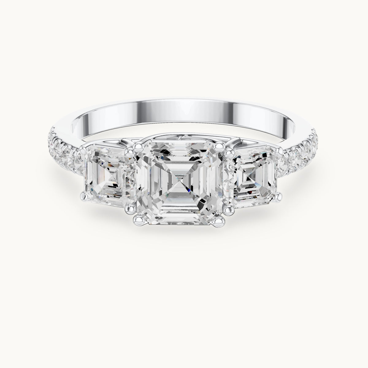 Square emerald-cut and round lab-grown diamond three-stone pavé engagement ring in white gold, 2.19 CT TW, view 4