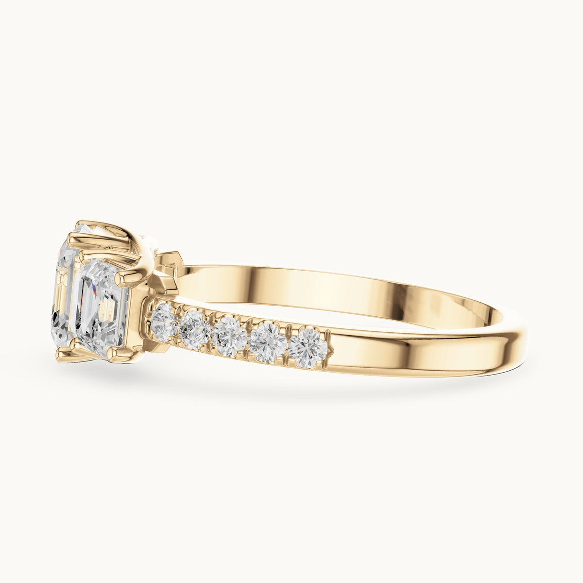 Square emerald-cut and round lab-grown diamond three-stone pavé engagement ring in yellow gold, 2.19 CT TW, view 3