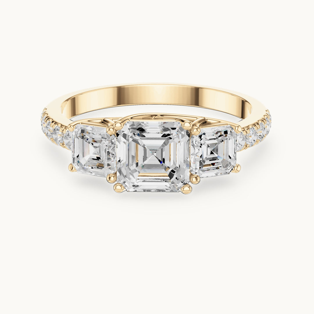 Square emerald-cut and round lab-grown diamond three-stone pavé engagement ring in yellow gold, 2.19 CT TW, view 4