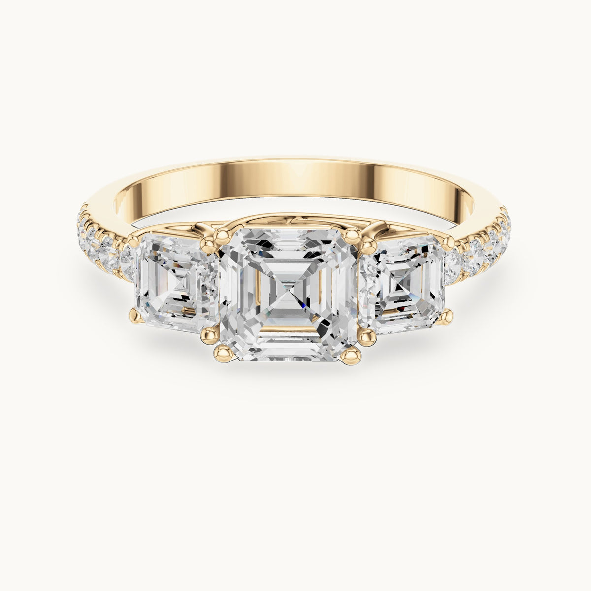 Square emerald-cut and round lab-grown diamond three-stone pavé engagement ring in yellow gold, 2.19 CT TW, view 4