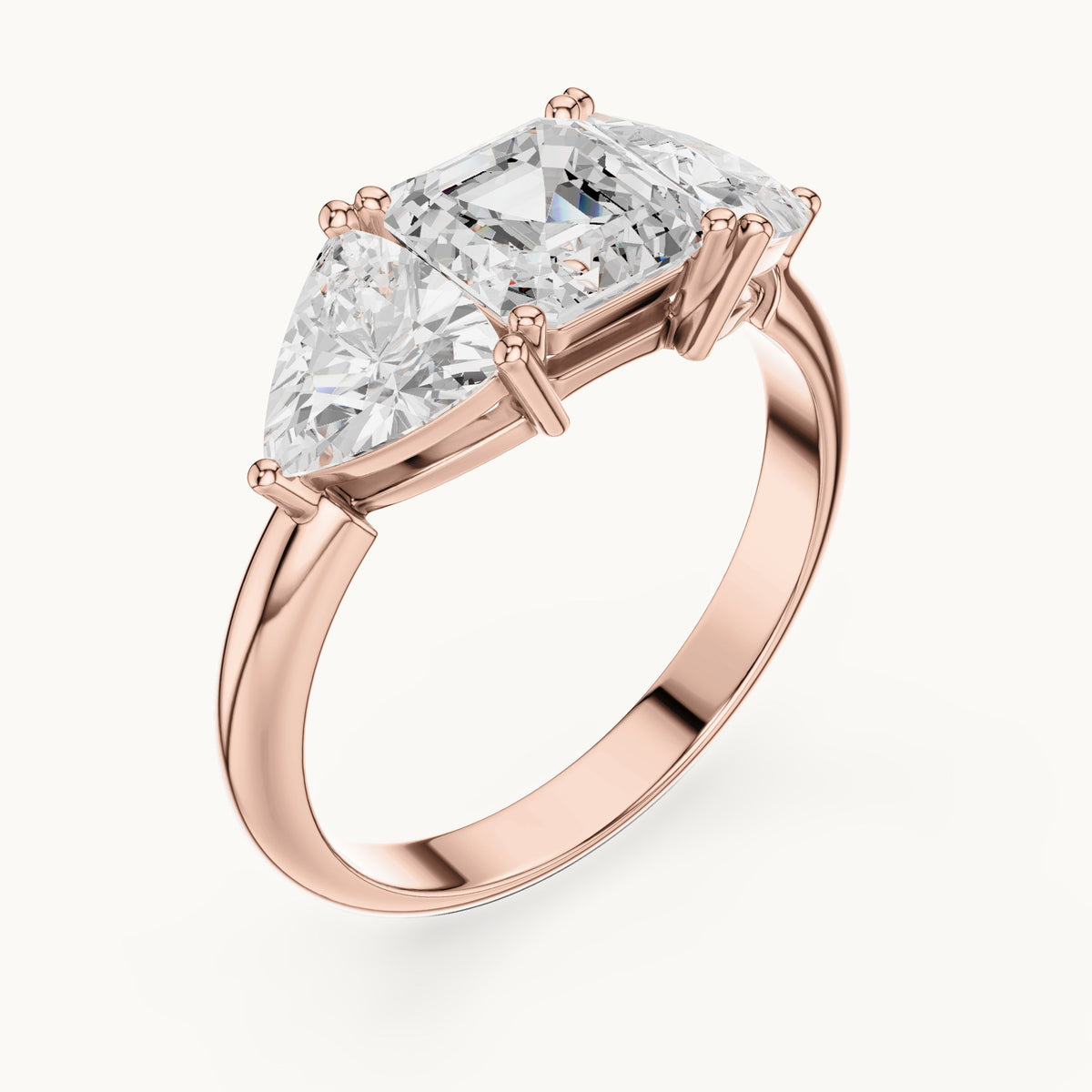 Square emerald-cut and trillion lab-grown diamond three-stone engagement ring with trillion side stones in rose gold, 2.25 CT TW, view 2
