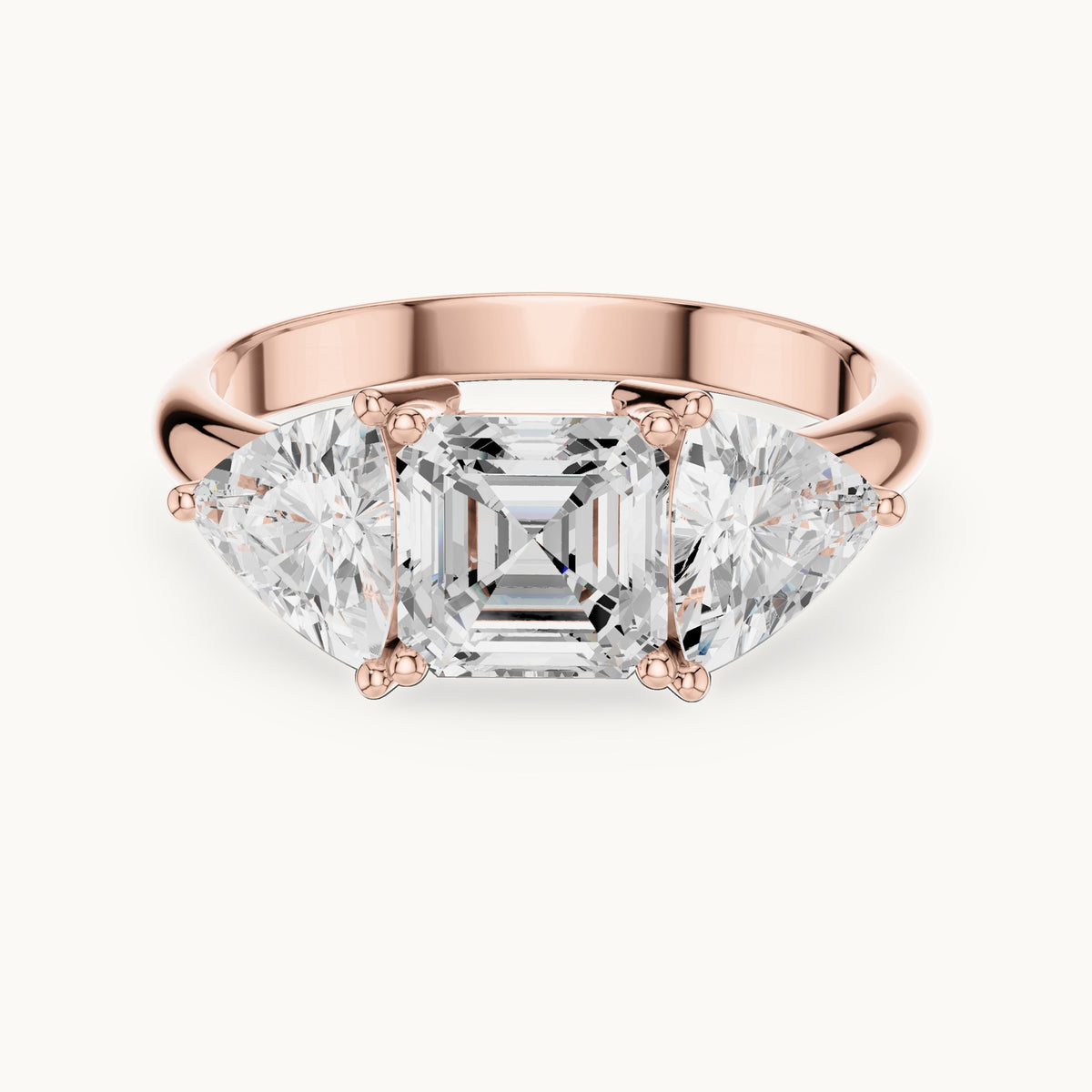 Square emerald-cut and trillion lab-grown diamond three-stone engagement ring with trillion side stones in rose gold, 2.25 CT TW, view 4