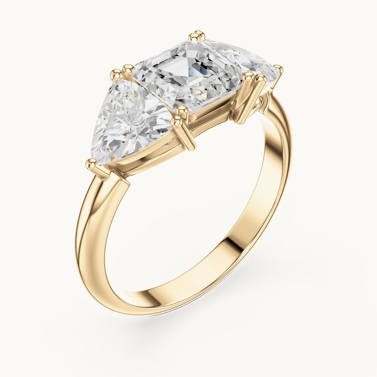 Square emerald-cut and trillion lab-grown diamond three-stone engagement ring with trillion side stones in yellow gold, 2.25 CT TW, view 2