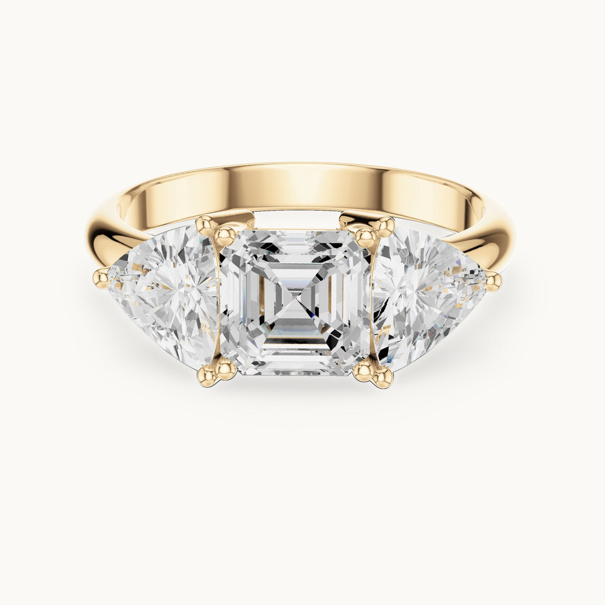 Square emerald-cut and trillion lab-grown diamond three-stone engagement ring with trillion side stones in yellow gold, 2.25 CT TW, view 4