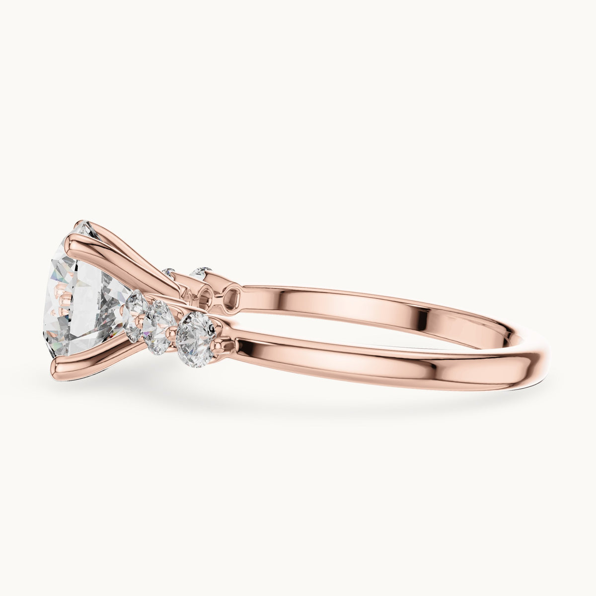 Round lab-grown diamond engagement ring with side stone accents in rose gold, 2.39 CT TW, view 3