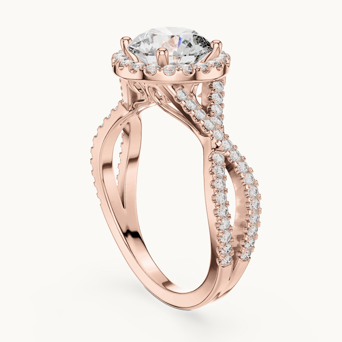 Round lab-grown diamond twisted split shank halo engagement ring in rose gold, 1.98 CT TW, view 1