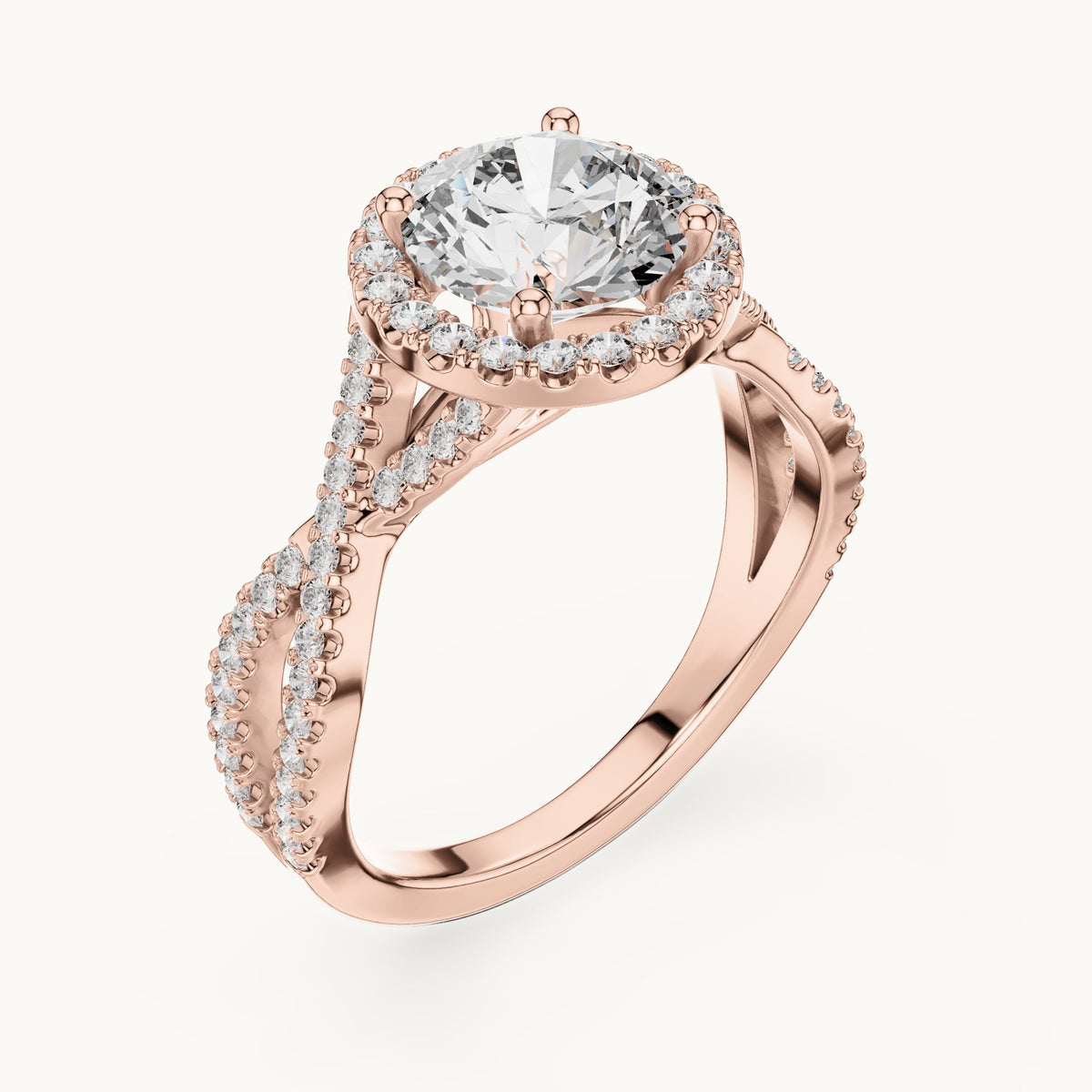Round lab-grown diamond twisted split shank halo engagement ring in rose gold, 1.98 CT TW, view 2