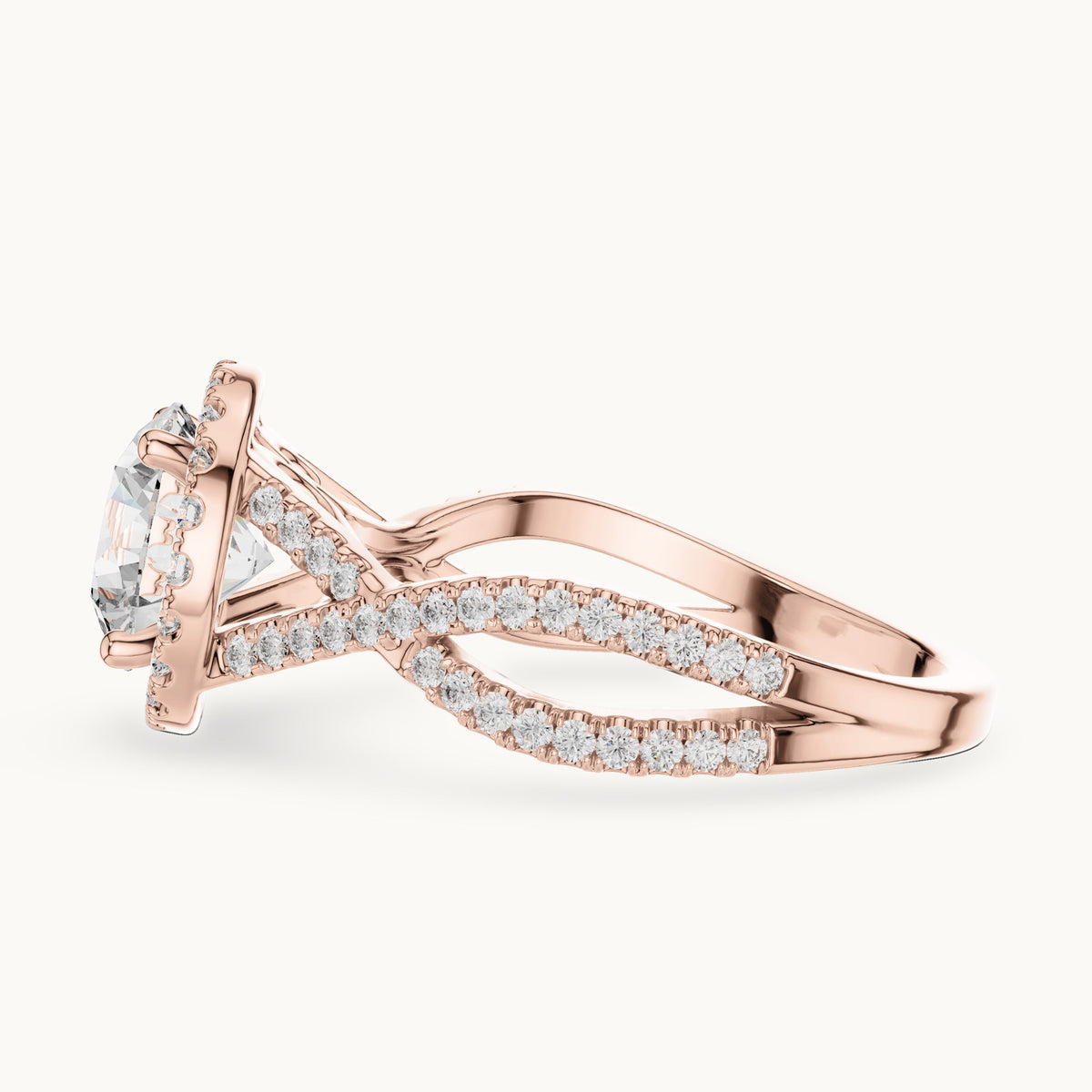 Round lab-grown diamond twisted split shank halo engagement ring in rose gold, 1.98 CT TW, view 3