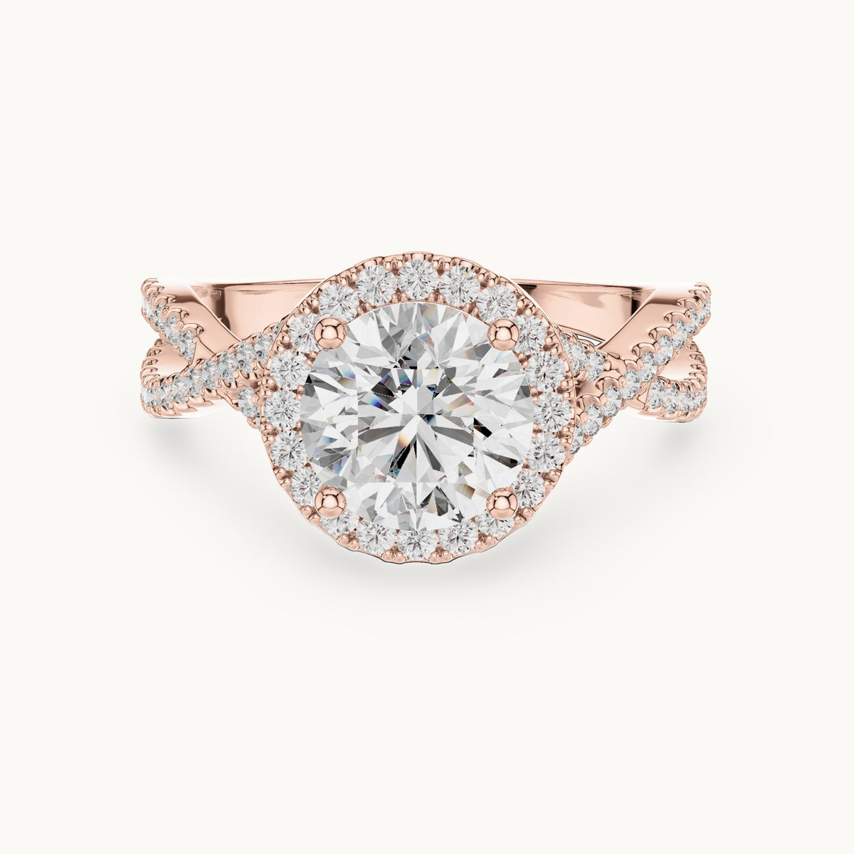 Round lab-grown diamond twisted split shank halo engagement ring in rose gold, 1.98 CT TW, view 4
